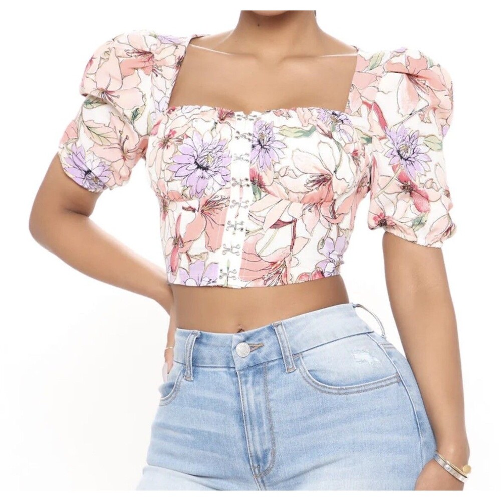 Fashion Nova Crop Top Blouse Women’s Floral Print Puff Sleeve Size Large New